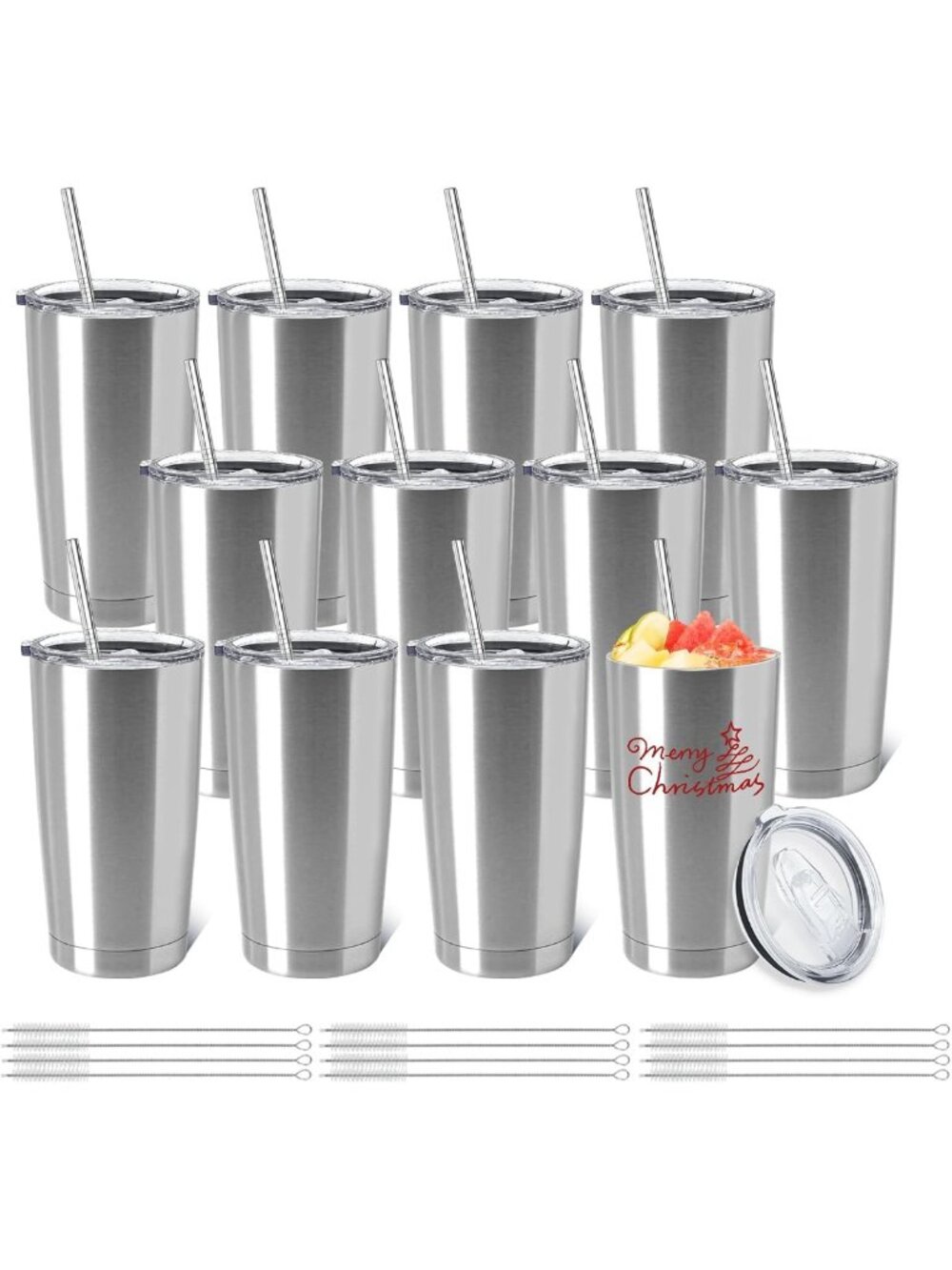 12 Pack Insulated Stainless Steel Travel Tumblers with Lid & Straw - 20oz Silver